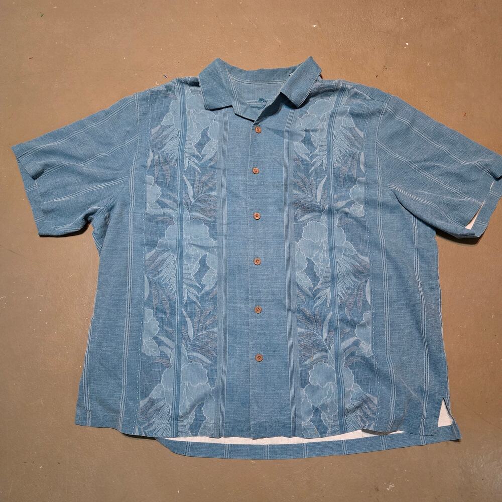 Tommy Bahama Floral Short Sleeve Blue Hawaiian Silk Button Up Men's Size 2XLB